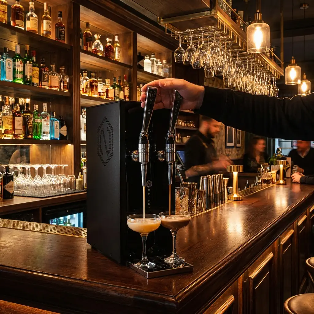 Professional Naiko 2 TAP Nitro Dispenser on a bar counter, featuring custom branding and pouring a fresh Espresso Martini in a high-end restaurant atmosphere