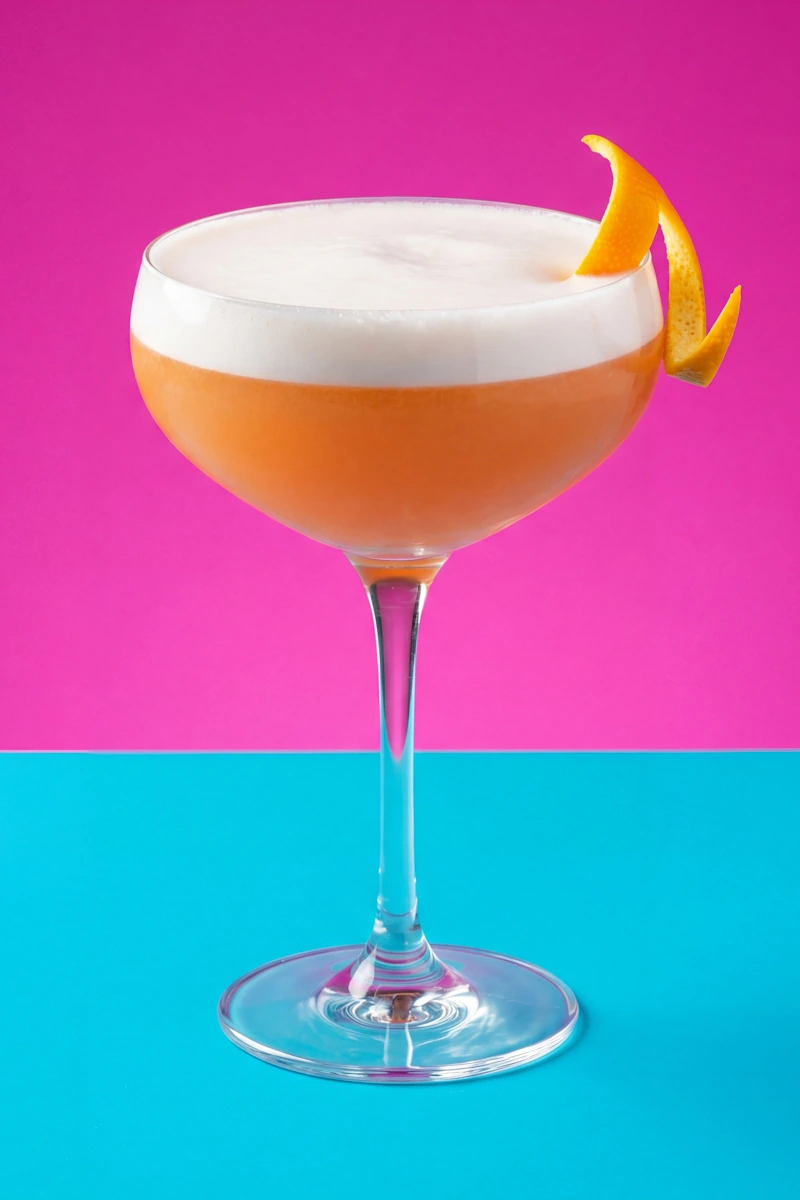 Aperitivo Sour cocktail made with gin and Aperol, featuring a thick white foam head and orange zest garnish, set against a vibrant pink and cyan background