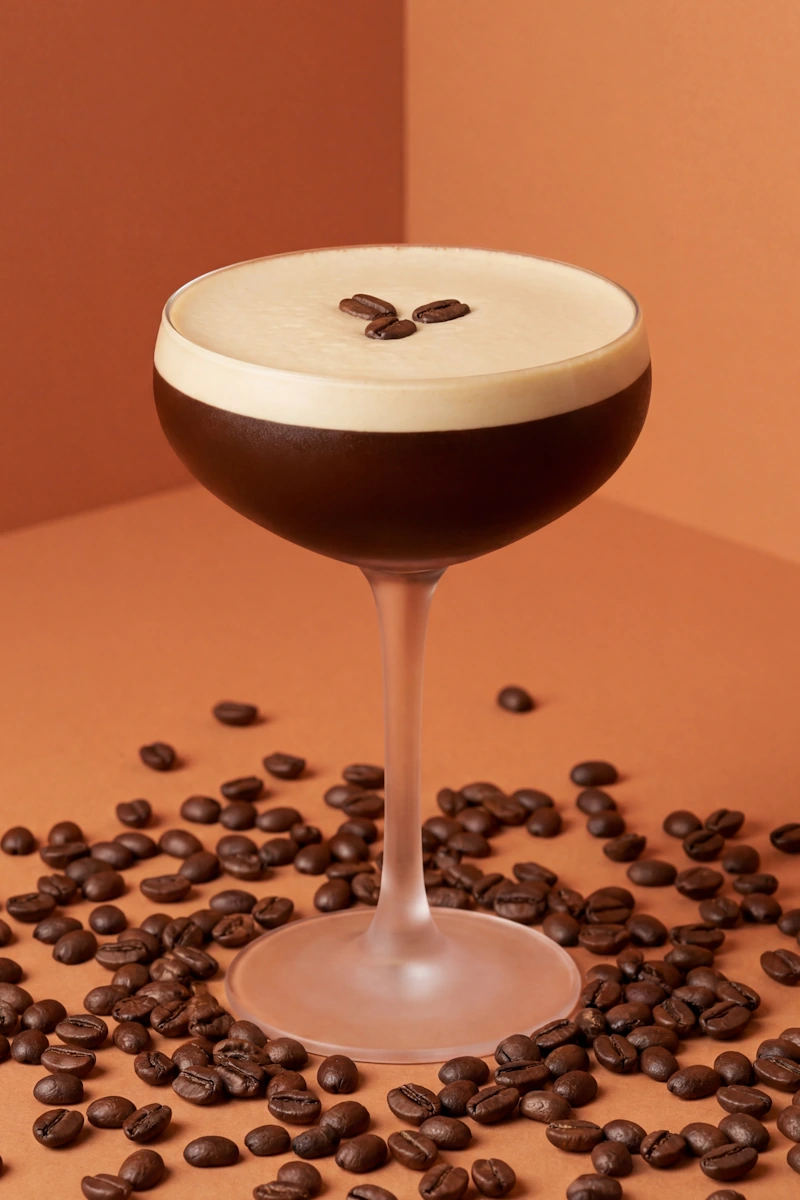Espresso Martini cocktail with a thick, creamy nitro foam head and three coffee beans as garnish, presented in a coupe glass against a warm amber and dark brown background, serving from a Espresso Martini machine Naiko within 4 seconds, the worlds fastest Espresso Martini.